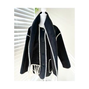 Commense Black Jacket with Cream Label Detail and Scarf